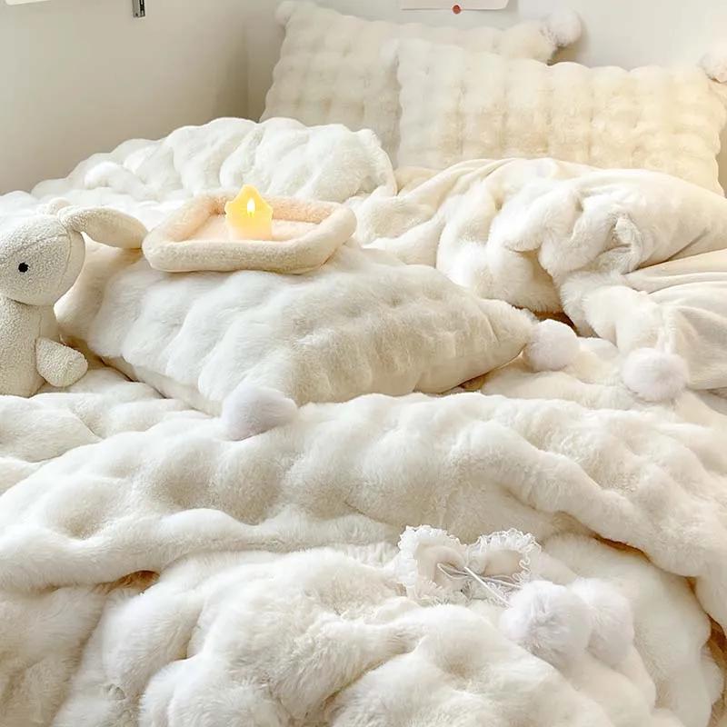 Tuscan Faux Fur Warm Fluffy Bedding Set for Winter Skin Friendly Warmth Plush Duvet Cover Set Queen Thickend Blanket Cover Sets