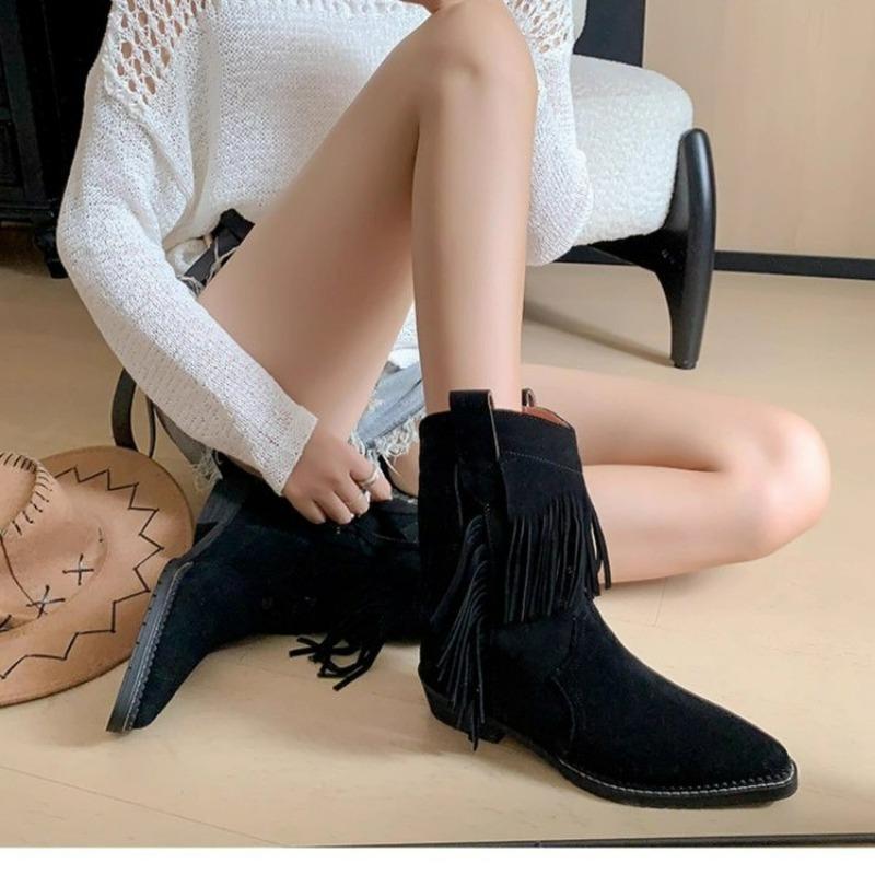 WinterWomen's Shoes Western Cowboy Boots Warm Tassel Solid Color Versatile Pointed Toe Low Heel Ankle Boots