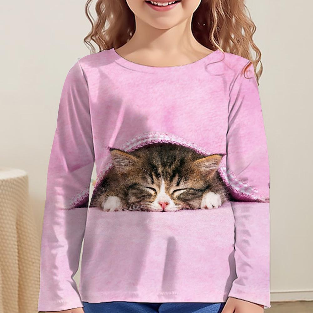 Children's Cute Cat 3D Digital Printed Girl Fashion Trend Round Neck Long Sleeved T-shirt