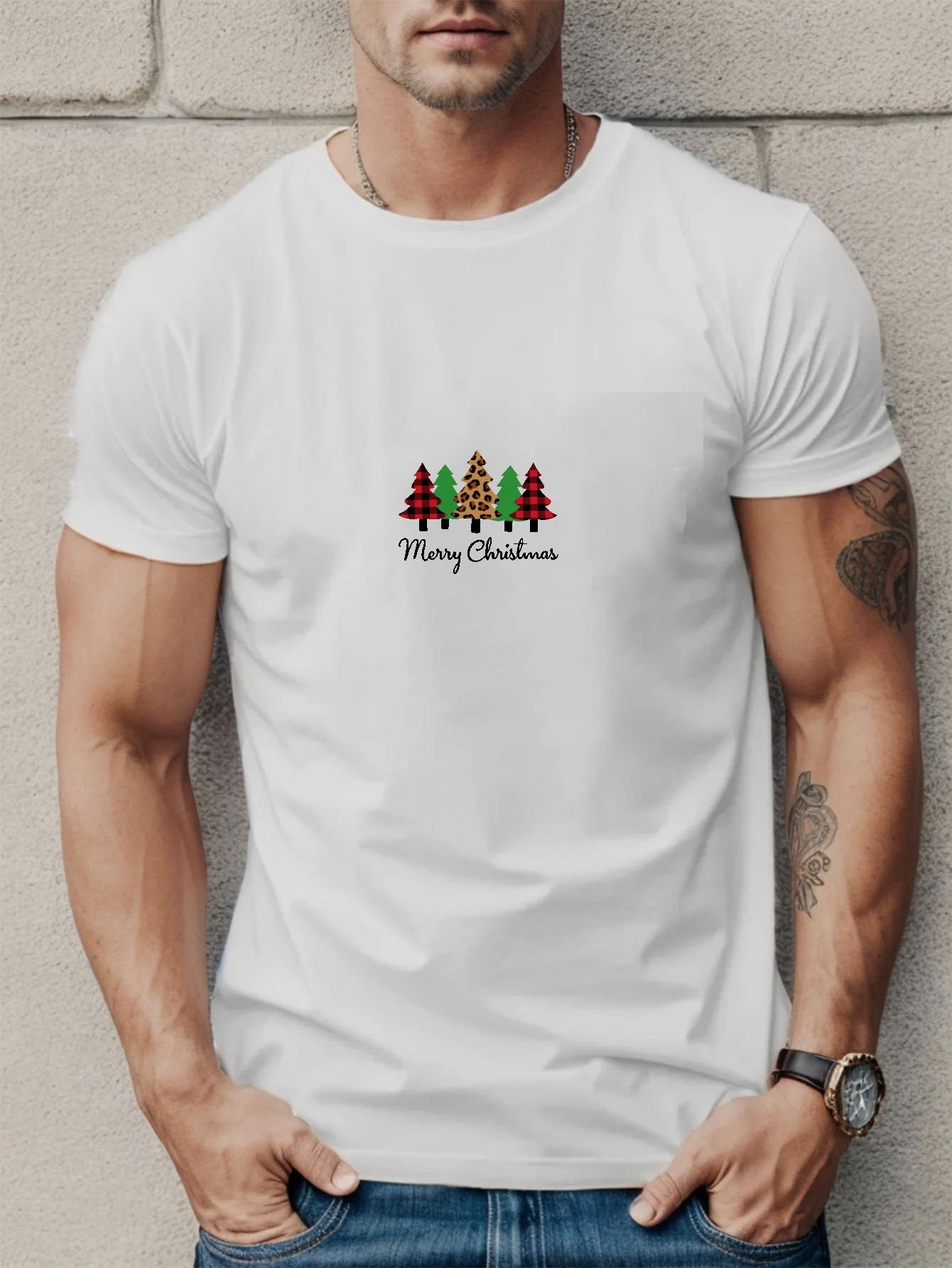 Mens TShirt Black Christmas Trees and Merry Christmas Print High Quality Cotton M