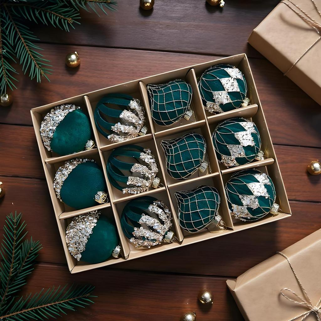 Glittering Flocked Christmas Ball Ornaments 12Pieces Rhinestone Decorations for Xmas Tree for Home, Wedding, Party, Fireplace