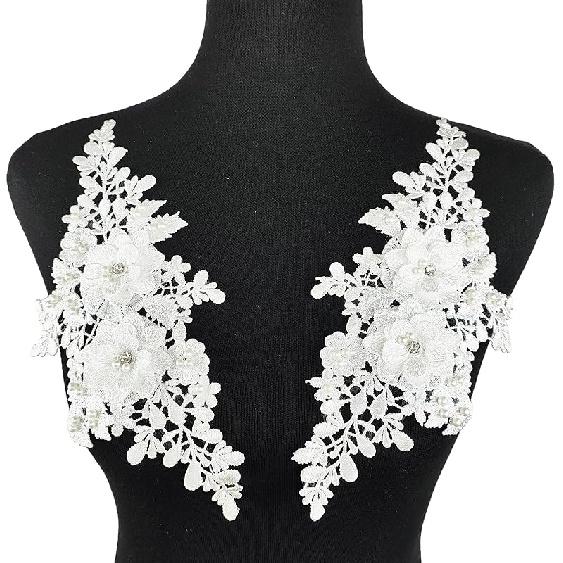 1 Pair Lace Flower Applique Beaded Rhinestones Sew On Embroidered Patches Applique Décor for Wedding Dress DIY Sewing Craft Decoration, Black 9.2 x