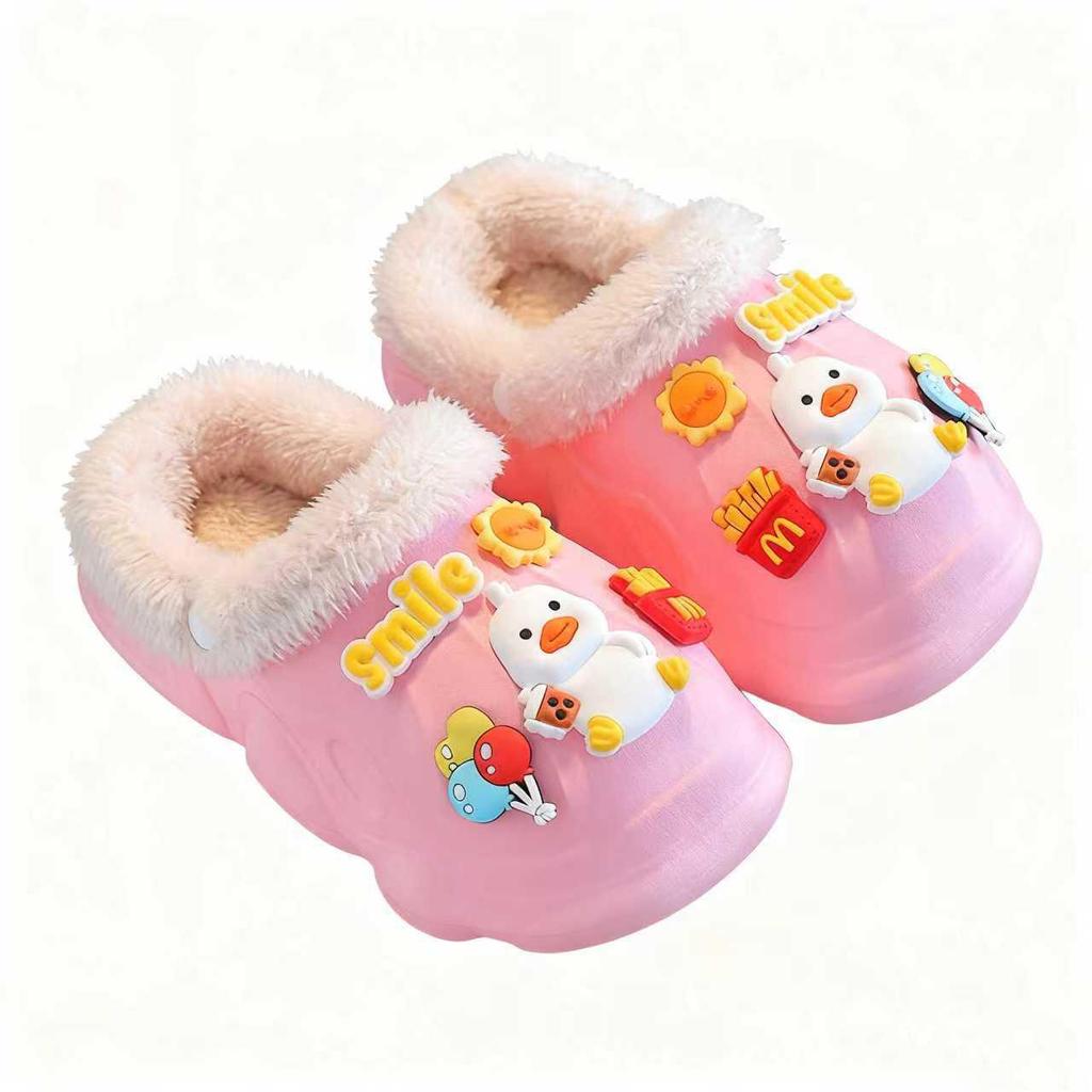 Kids' Waterproof Non-Slip Cotton Slippers, Plush Lined for Warmth, Removable Fur Lining, Perfect for Autumn/Winter Home Use.