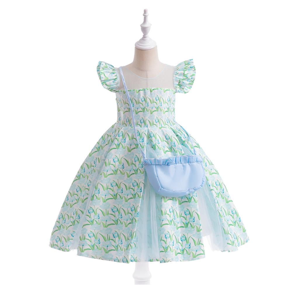 

European Floral Satin Dress for Girls with Mesh Flutter Sleeves 110cm / 4 Years