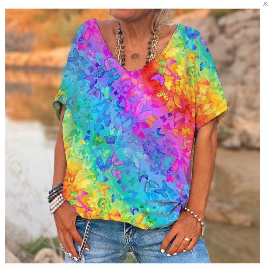 

Женская футболка с коротким рукавом с V-образным вырезом с 3D-принтом в виде цветов и животных 5XL