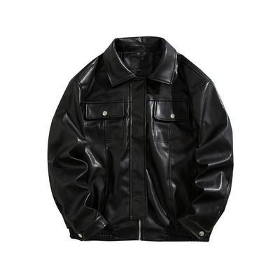 Men's Korean Style Loose-Fit Leather Pilot Jacket with Double Pockets and Lapel