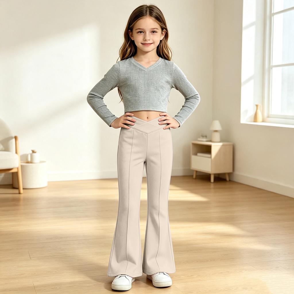Kids' Color High Waist Flared Yoga Pants with Elastic Waist for Running, Dance and Fitness