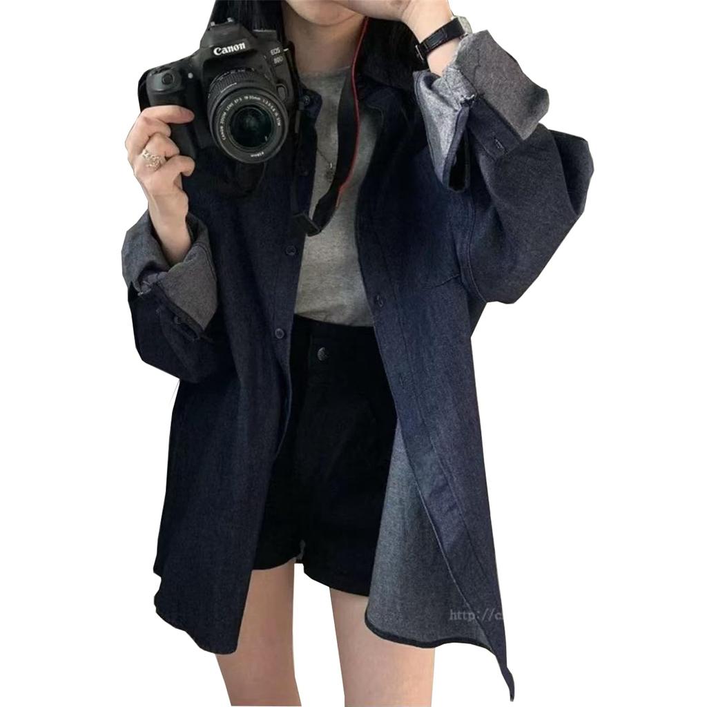 Denim Long Dress Solid Open Korean Loose Plus Sizes Perfect for and Fall [MlleeSSeeldyTRC] Women's Shirt, Blouse, Sleeve, Stand-Up Collar, Top, Shirt,