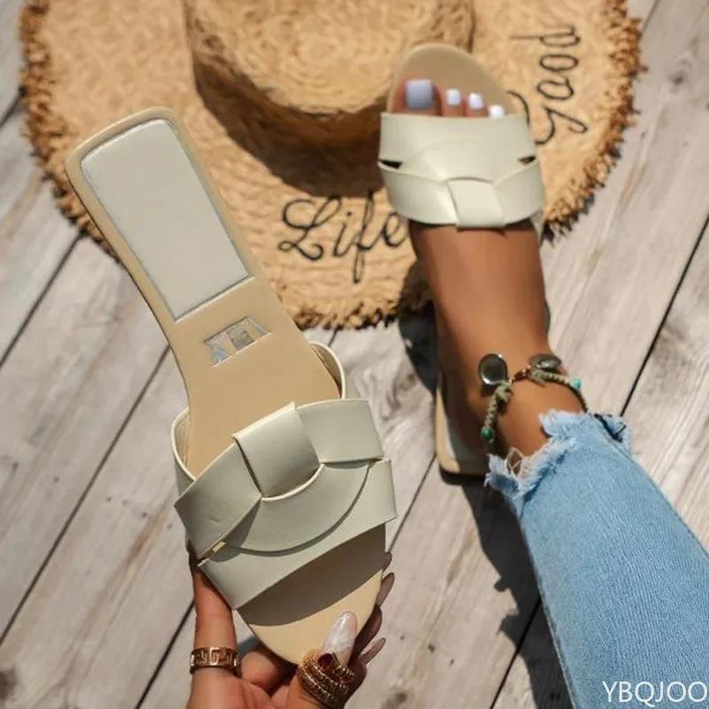 2025 Summer New Designer Traf Woman Flat New Slippers Woven with Comfortable Women's Shoes Casual Bottom Slippers Women's Shoes