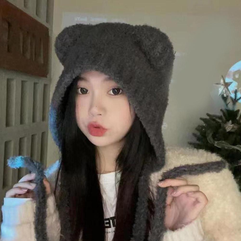 Winter Warm Plush Beanies Cute Soft Bear Ear Hat Lace-up Ear Protection Slouchy Beanie Cap Earflap Crochet Beanie for Keen Girls