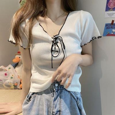 Slim Fit Top Summer Korean Version Slimming V-neck Mushroom Edge Short Sleeved Tie Knit Sweater for Women