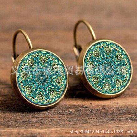 Vintage Geometric Pattern Round Earrings Flower Design Dangle Earrings Metal Alloy Handmade Jewelry for Women and Girls One Size