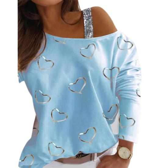 Dámska blúzka s potlačou srdca lomený krk Voľné sexy tričko top sveter na jar jesene