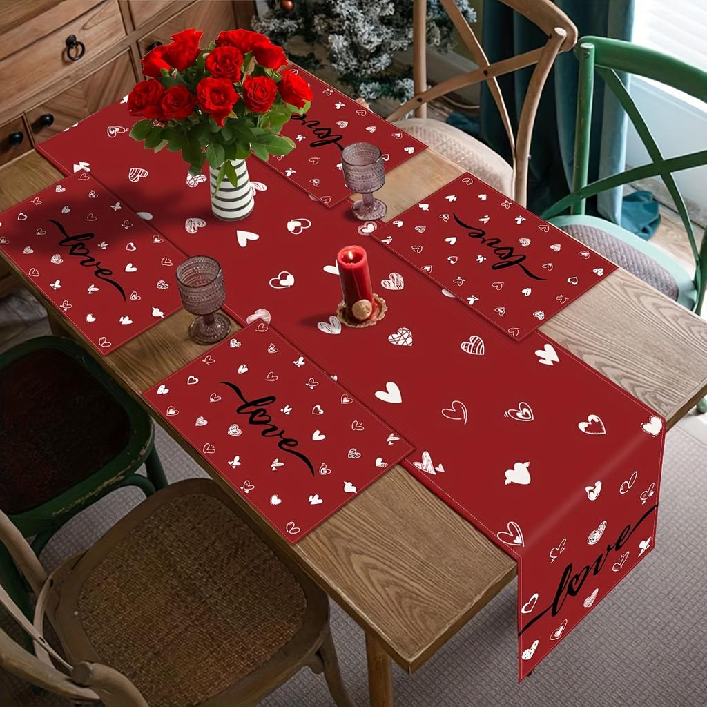 4/6pcs Set Valentine'S Day Red Background with White Hearts And Love Pattern Placemats Suitable for Home Kitchen, Dining Room, Party