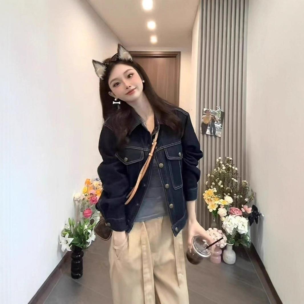 

Женская ретро джинсовая куртка Xiao Yang - Осенняя 2025 года, с длинным рукавом, повседневная XL (121-130 cm) темно-синий