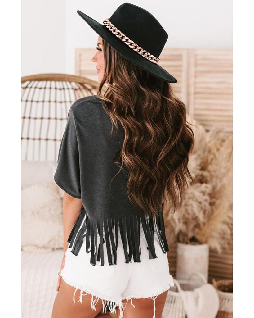 Azura Exchange Guitar Slogan Print Fringed V Neck Graphic Tee