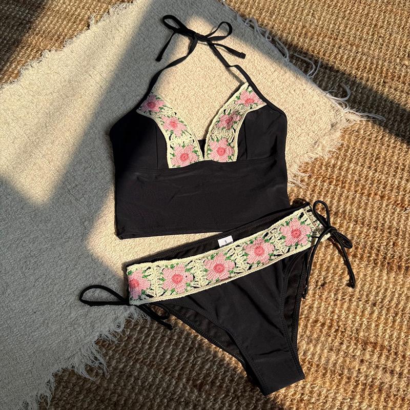 

Женский купальник бикини из двух частей с принтом цветов, V-образным вырезом и халтером, сексуальный купальник с мягкой подкладкой, купальный костюм, набор для купания для женщин L чёрный