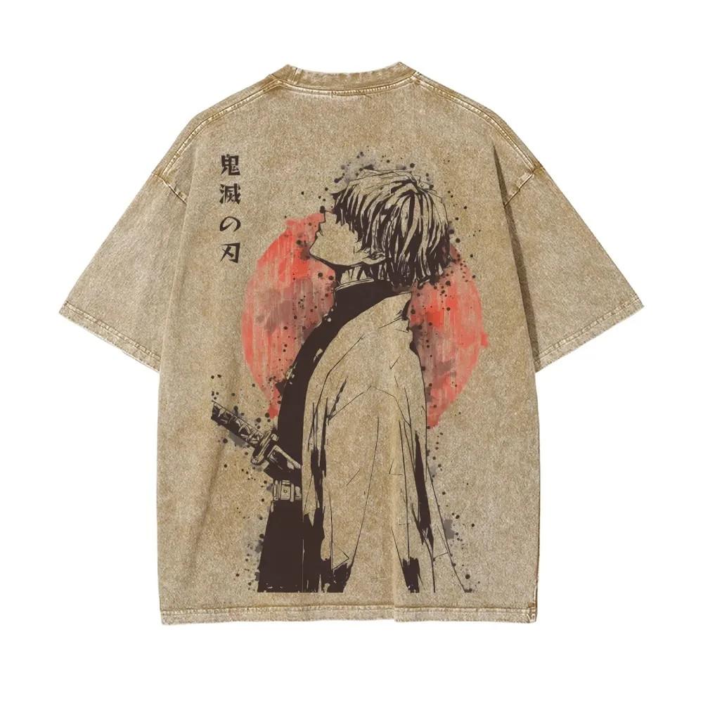 Demon Slayer Zenitsu Agatsuma Acid Wash Graphic T Shirt Anime Back Print M-3XL 2XL