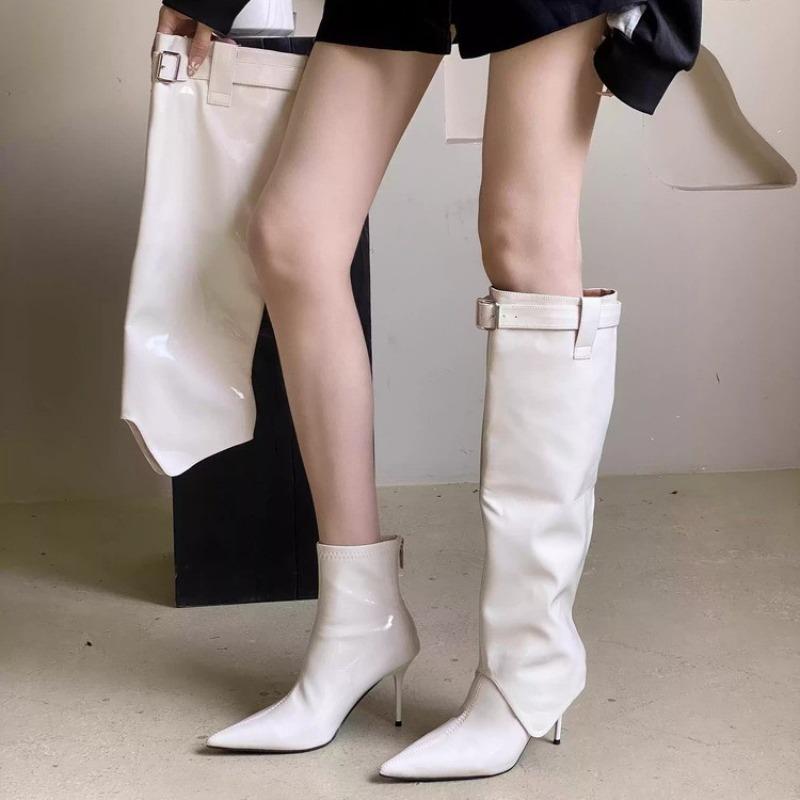 Autumn Winter New Two Wearing Slim Leg Patent Leather High Boots Women, Pointed High Heels, Thin Heels, Belt Buckle Long Boots