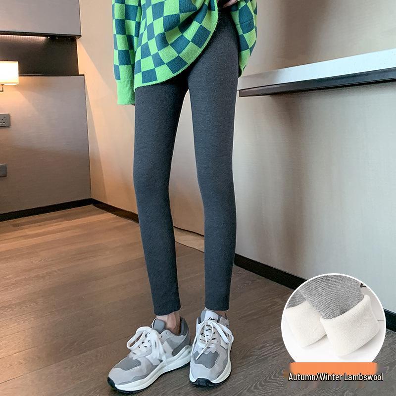 Verdickte Lammwolle Leggings für Damen, Hoher Bund, Bestickter Bund, Fleecegefüttert, Vertikale Streifen, Warme Herbst-/Winterhose.