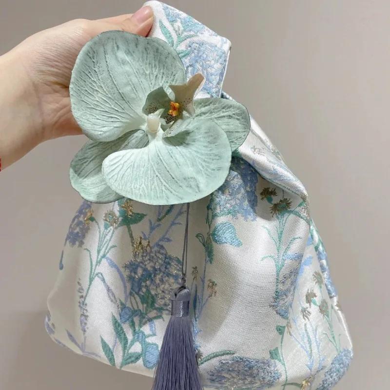 Bloem Hanger Lunchtas Make-up Tas Nieuwe Chinese Kwast Knoop Polstas Kleine Item Pouch Cheongsam Accessoires Tassel blauw