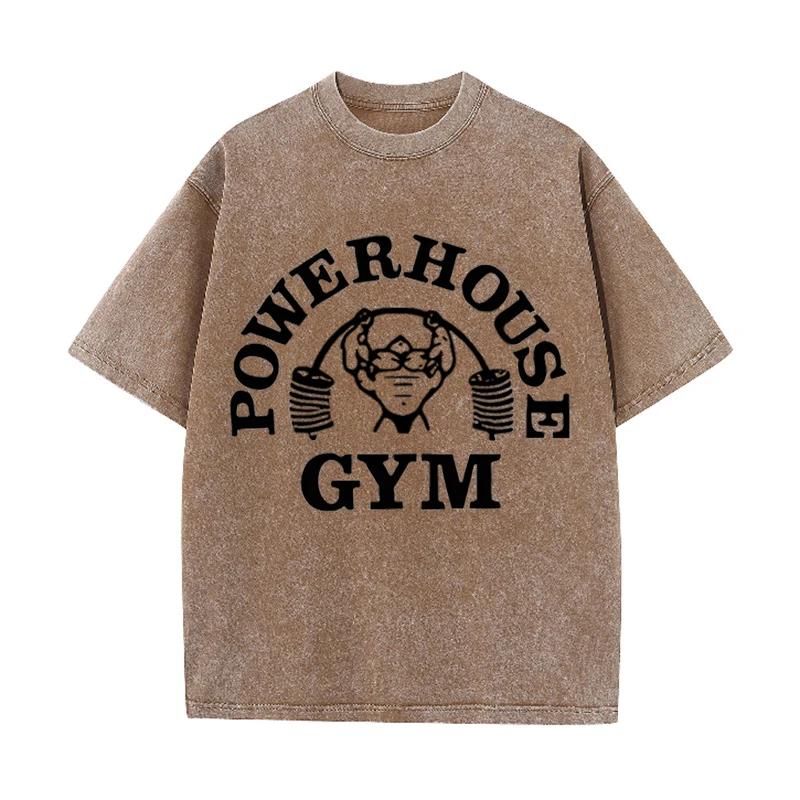 Powerhouse Gym Fitness Print Vintage Washed T Shirt Gym Workout Casual Tee