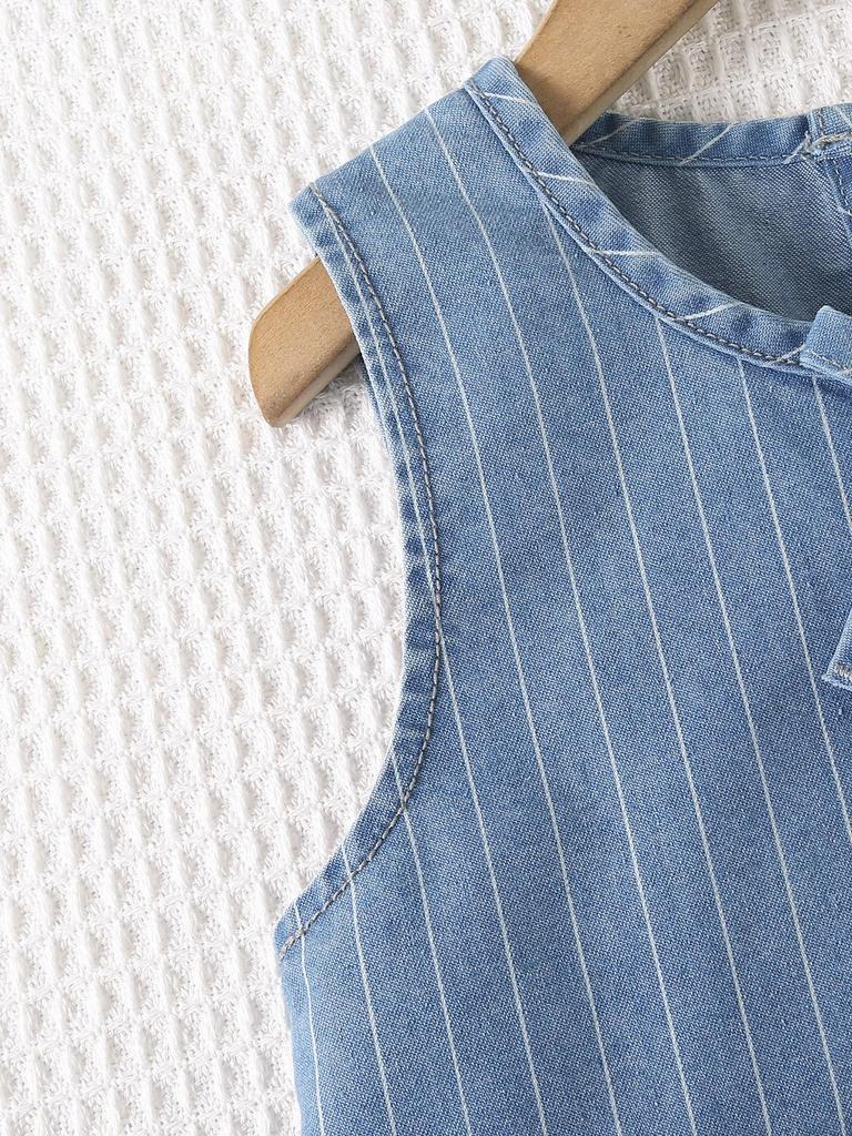 Two-piece Set for Girls: Sleeveless Top with Bow and Lace Design, and Slimming Retro Blue and White Striped Denim Shorts.