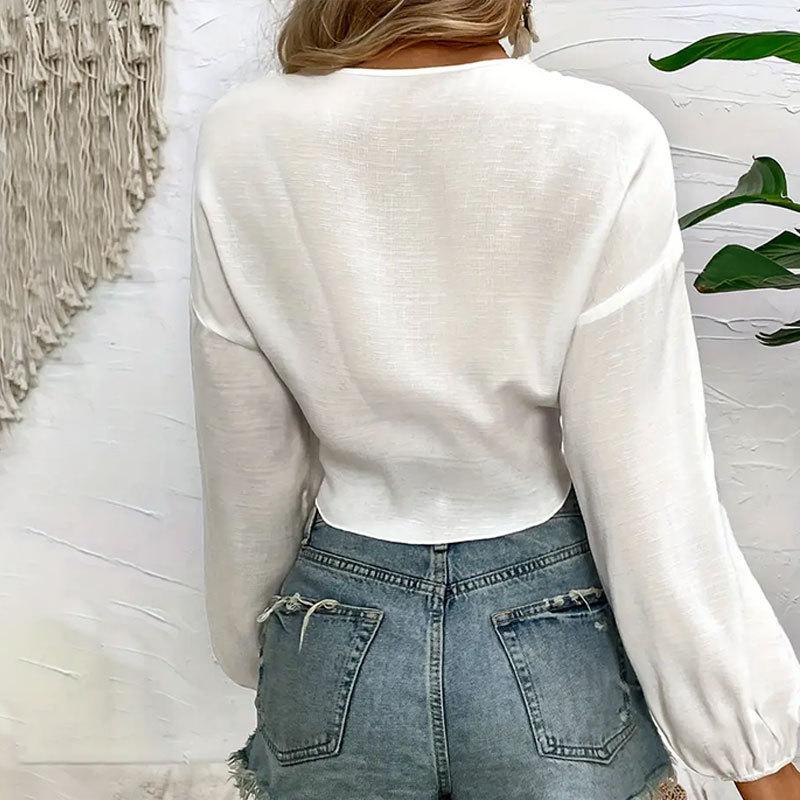 Women's Summer Solid Colour Long Sleeve Tie Bow Short Deep V Top