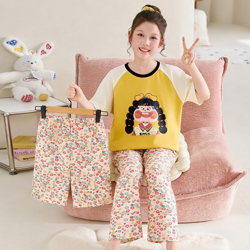 2026 Cotton Pajama Set Girls Short Sleeve Thin Sleepwear Sweet Cartoon Print Kids Home Outfit