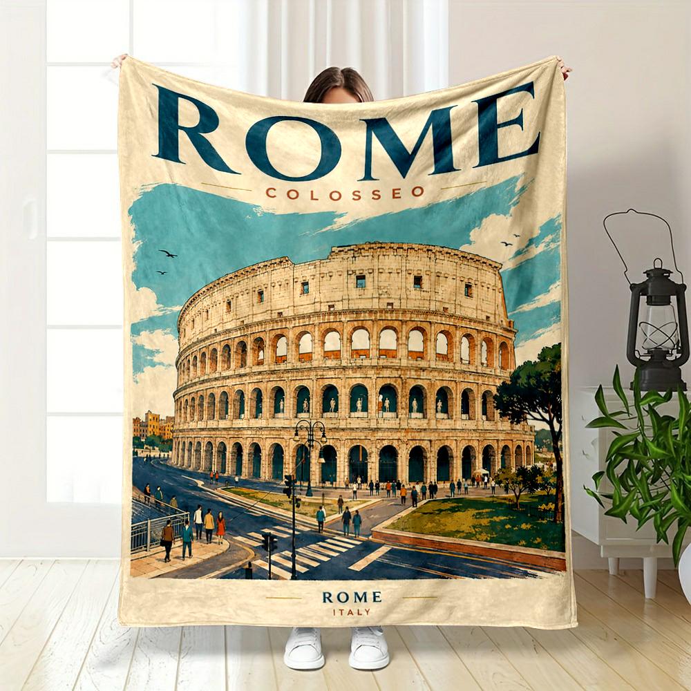 Rome Colosseum Illustration, Italy Travel Art Flannel blanket for bedroom, living room, sofa, and nap.
