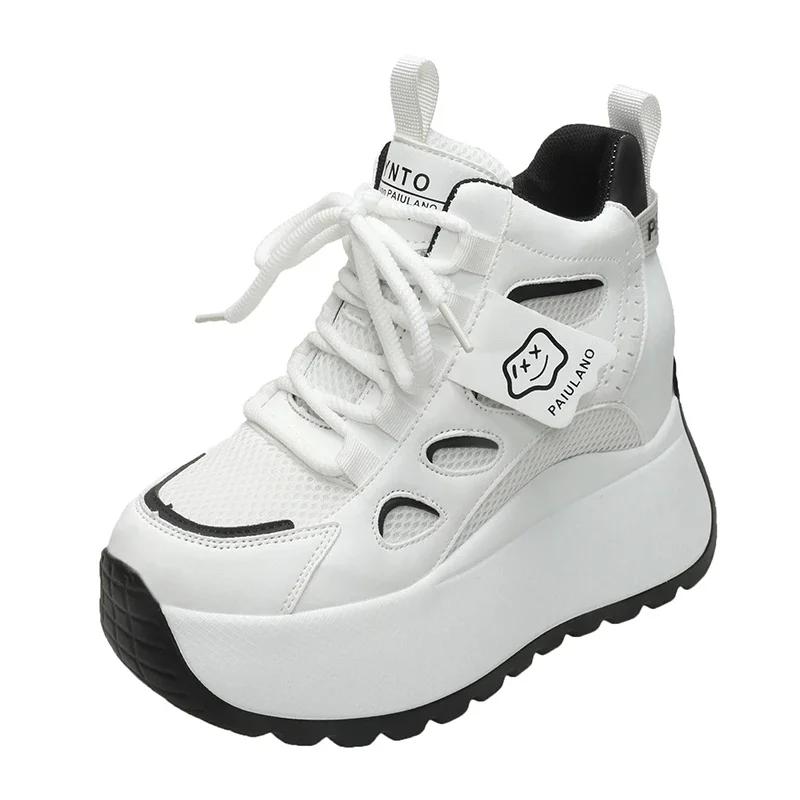 Fashion 10cm Spring Chunky Sneakers Women Lace-up Platform Sports Dad Shoes Woman Goth Thick Bottom High Heels Female Wedges Sneakers