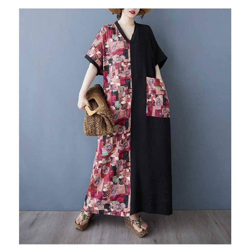Color Patchwork Black Long Dress Retro Robe