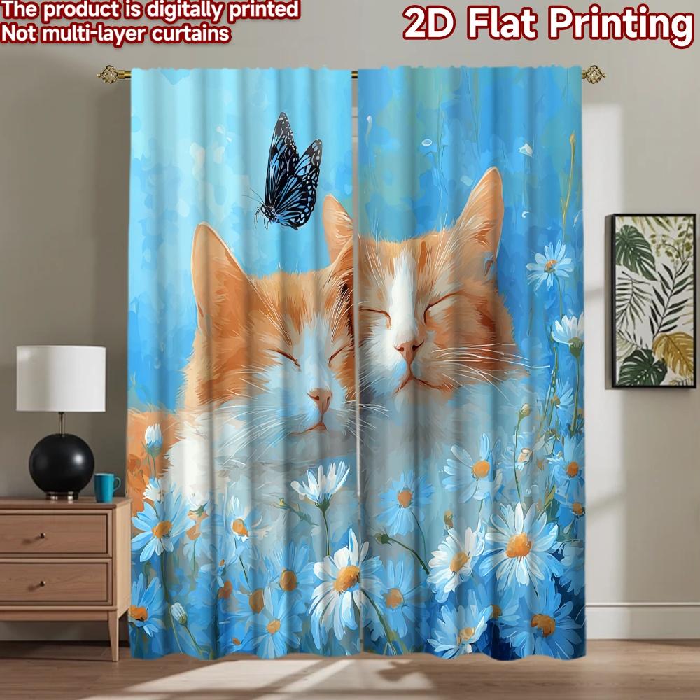 2D Flat Printing 2pcs Scene Curtain Cute Cats Butterfly Flowers_a Digital Printed Polyester Drapes Family Party Perfect for All