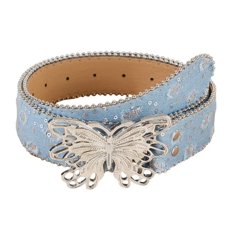 

Punk PU Waist Belt for Jean Heavy Duty Hip Hop Belt Waistband Glinting Buckle with Encrusted Butterfly