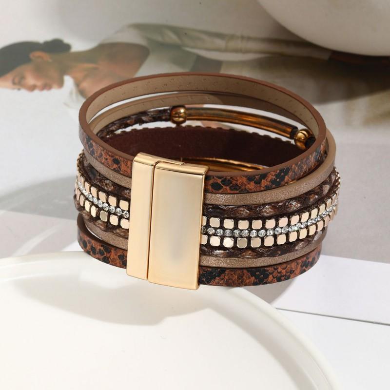 Damen Schlange Haut PU Leder Geflochtenes Armband Mit Magnetverschluss Perlen Anhänger Schmuck