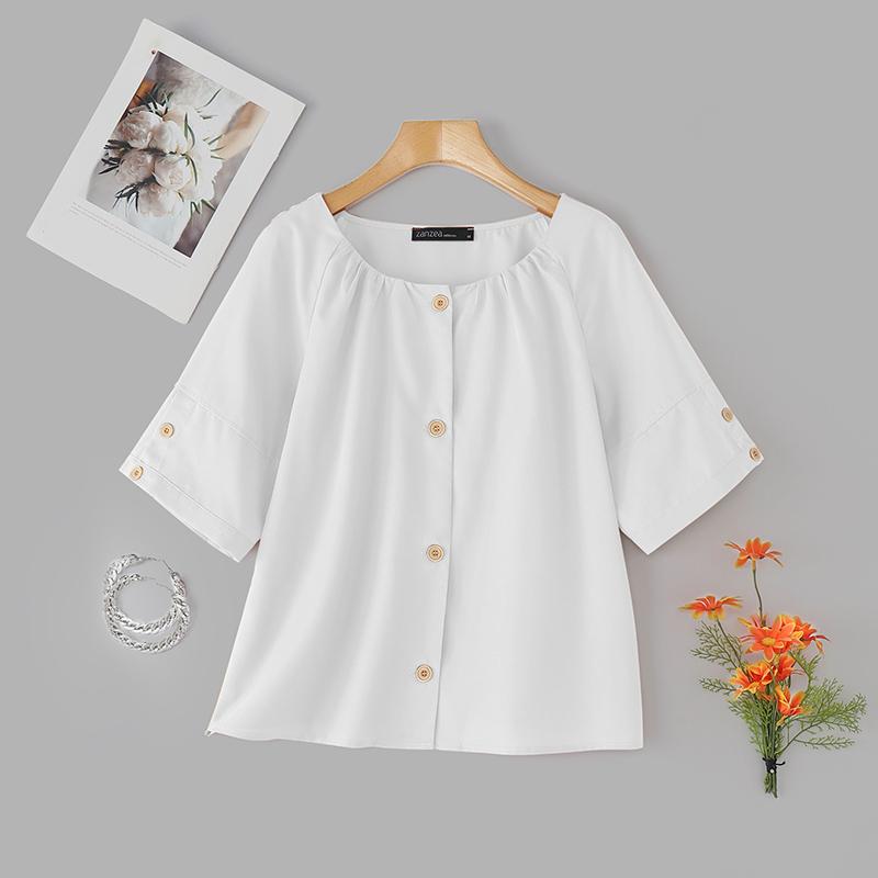 

ZANZEA Женская повседневная блузка с круглым вырезом, однотонная, с рукавами 3/4 S белый