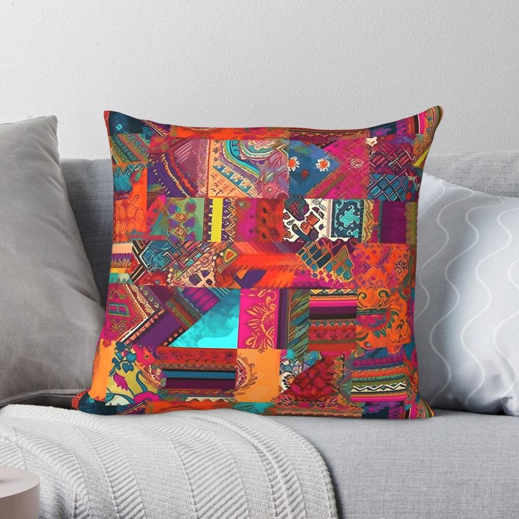 Bohemian Patchwork Square Pillowcase Polyester Linen Velvet Creative Zip Decorative Throw Pillow Case Home Cushion Cover