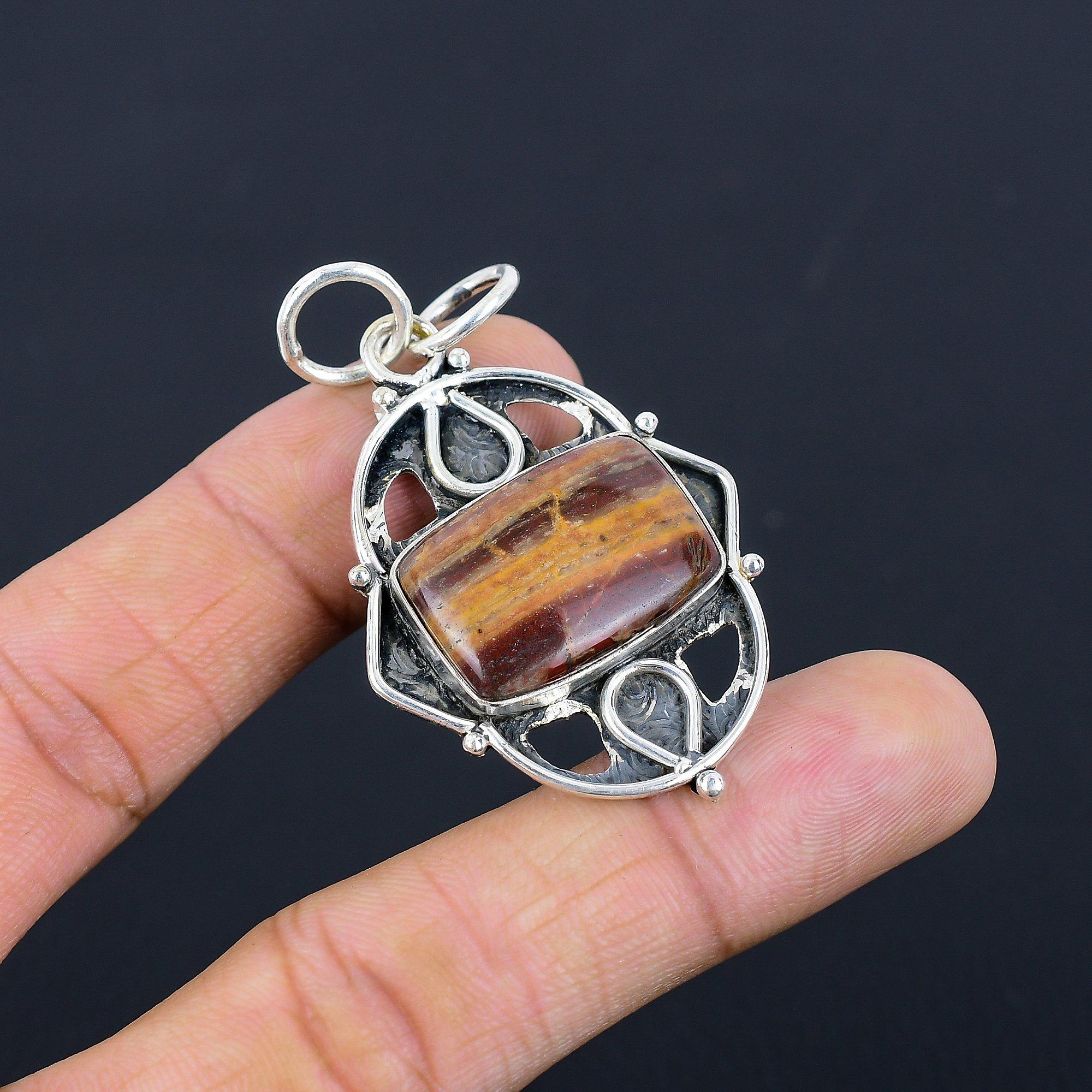 925 Sterling Silver Red Snakeskin Jasper Gemstone Trendy Bezel Wedding Pendant