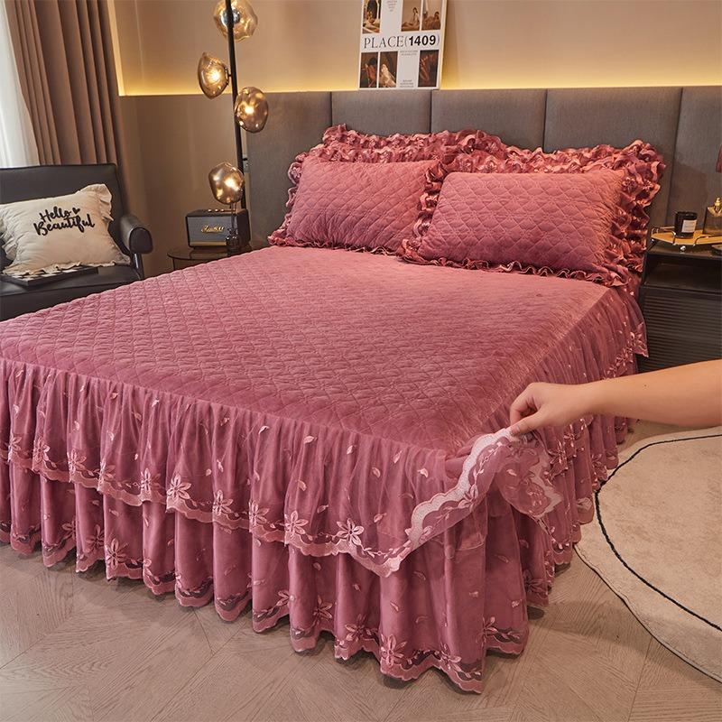 Cotton Padded Velvet Lace Bed Skirt Winter Thick Bed Cover Three Piece Set Single Piece Anti-skid and Anti-static Bed Sheet