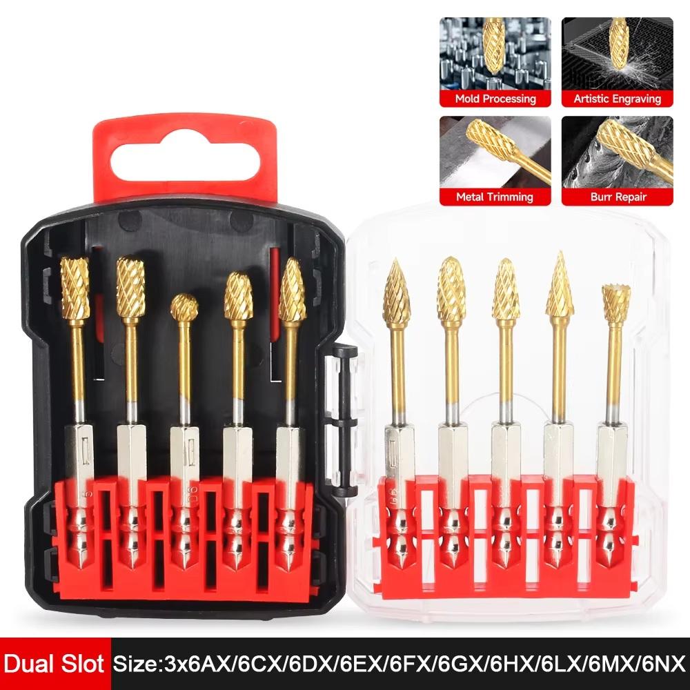 Tungstens Carbide Burr Set Hex 1 4 Inch Titanium Coated 10 Piece Rotary File Milling Cutter For Woodworking Metal Stone