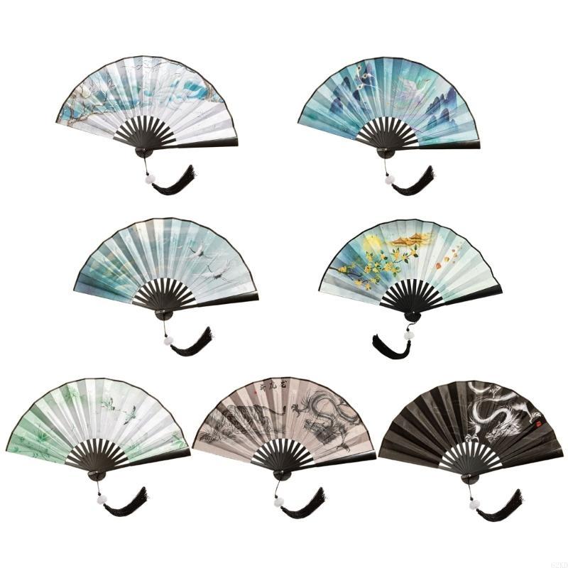62KD Handhelds Folding Fan Elegant Chinese Vintage Painting Double Sided Hand Fan with Tassels for Dance Home Decorations