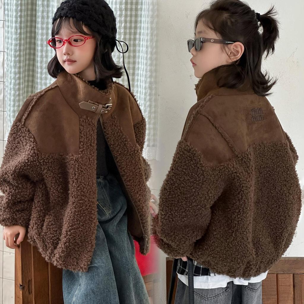 Korean Style Retro Lambswool Biker Jacket for Kids, 2025 Autumn/Winter