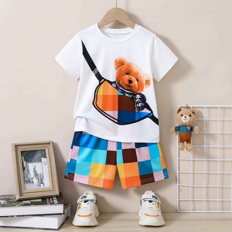 Boys' 2-Piece Blue & White Printed Beachwear Set: Lightweight Tee with Oceanic Motifs & Elasticated Deep Blue Shorts with Pocket