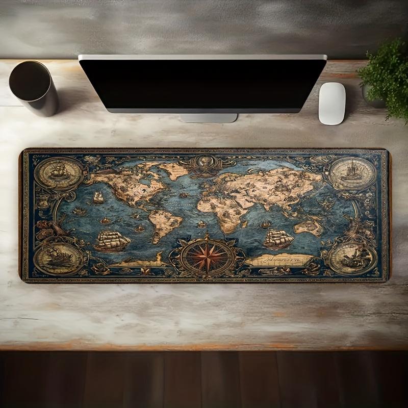 VIKAMA Vintage World Map Gaming Mouse Pad with Sailboats And Nautical Elements, Non-Slip Washable Rubber Base, Spacious Desk Mat