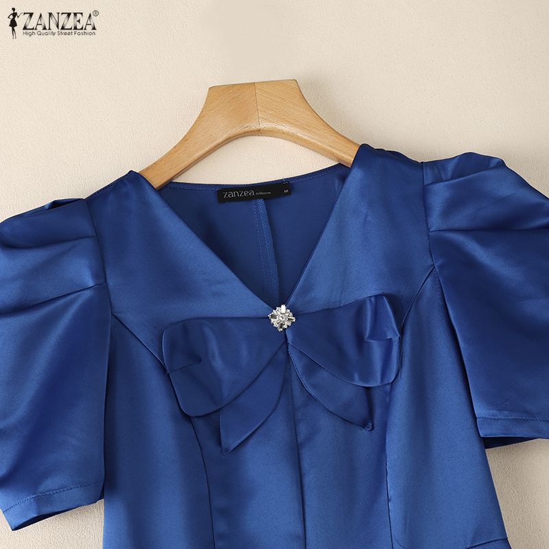 ZANZEA Women Casual Bows Splice V-Neck Summer Short Sleeve Dress