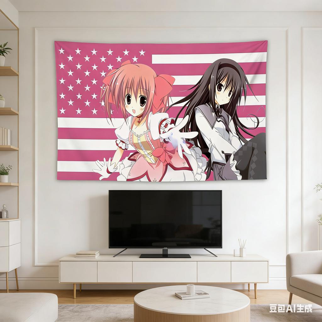 Madoka Magica Anime Tapestry, Madoka & Homura Pink Usa Flag Print Polyester Wall Hanging, Otaku Room Decor For Bedroom & Living