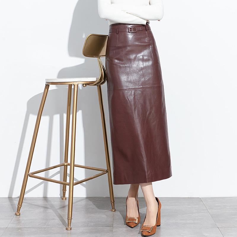 2025 Autumn/Winter Women's High-Waisted Lambskin Leather Midi Skirt - Elegant and Versatile Design