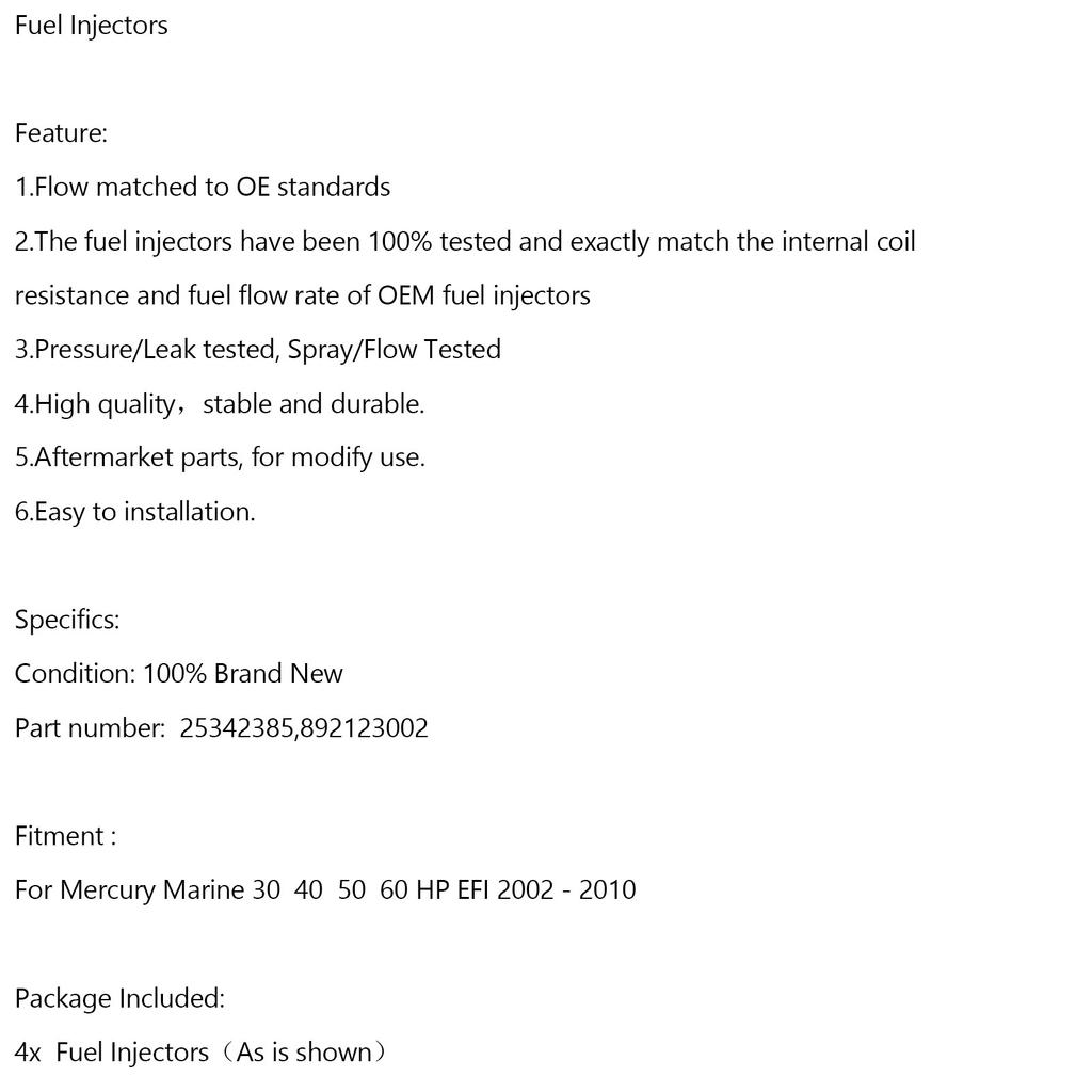 4 STÜCK 25342385 Kraftstoffinjektor Für Mercury Marine EFI 4-Takt 30 40 50 60 PS