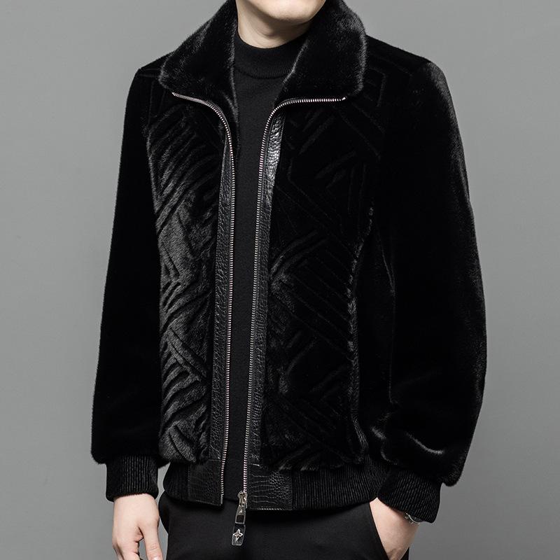 Gold Nerz Herren Pelz Wintermantel Revers Kunstfell Einteiliger Mantel aus echtem Leder Nerzimitat Kurzer Stil