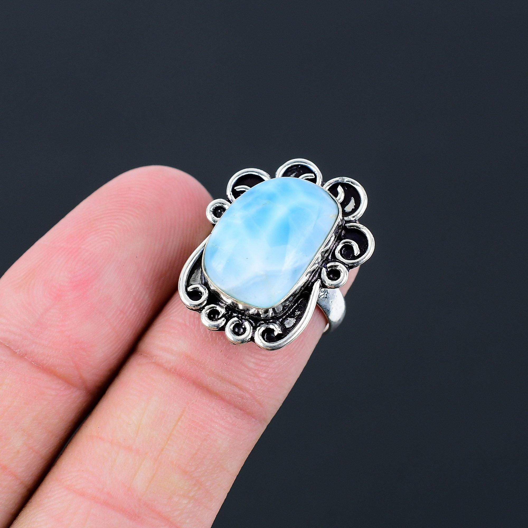 Daughters Day Sale Sterling Silver Larimar Stone Birthday Statement Ring US 6.5 6.5
